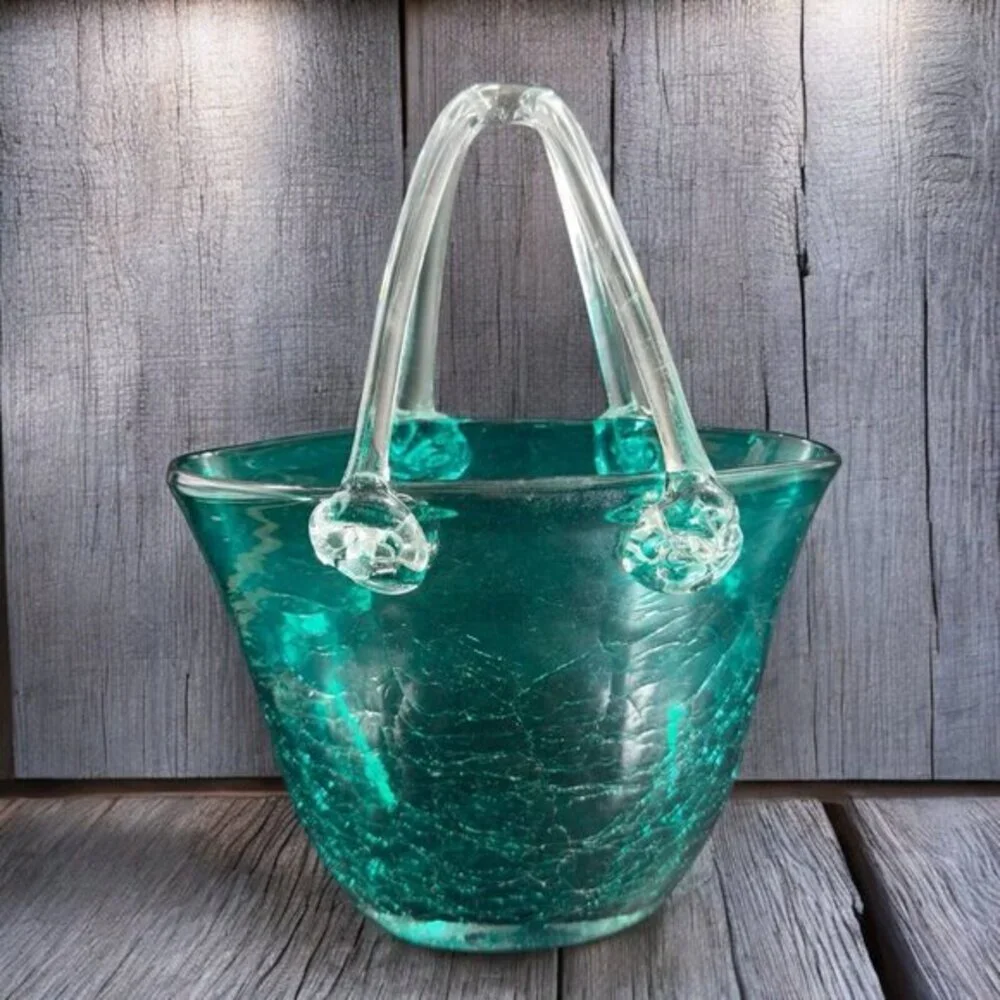 Hand Blown Green Crackle Glass Purse Shape Vase Glassware Decor‎ Clear Handles